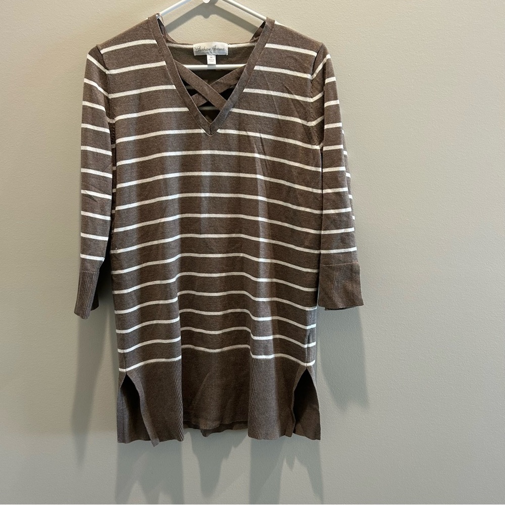 Dark Soft Taupe Striped V-Neck Sweater - Long Length
